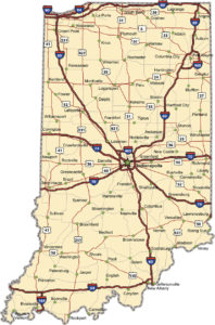 Highway map of the state of Indiana with Interstates and US Routes. It also has lines for state and county routes (but not labeled) and many cities on it as well. All cities are the County Seats and the Capitol (and some others).