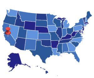 An image of the United States with a push-pin in California